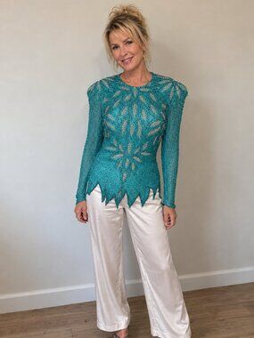 METAMORPHOSIS 80s/90s Beaded Silk Shirt, Size Large